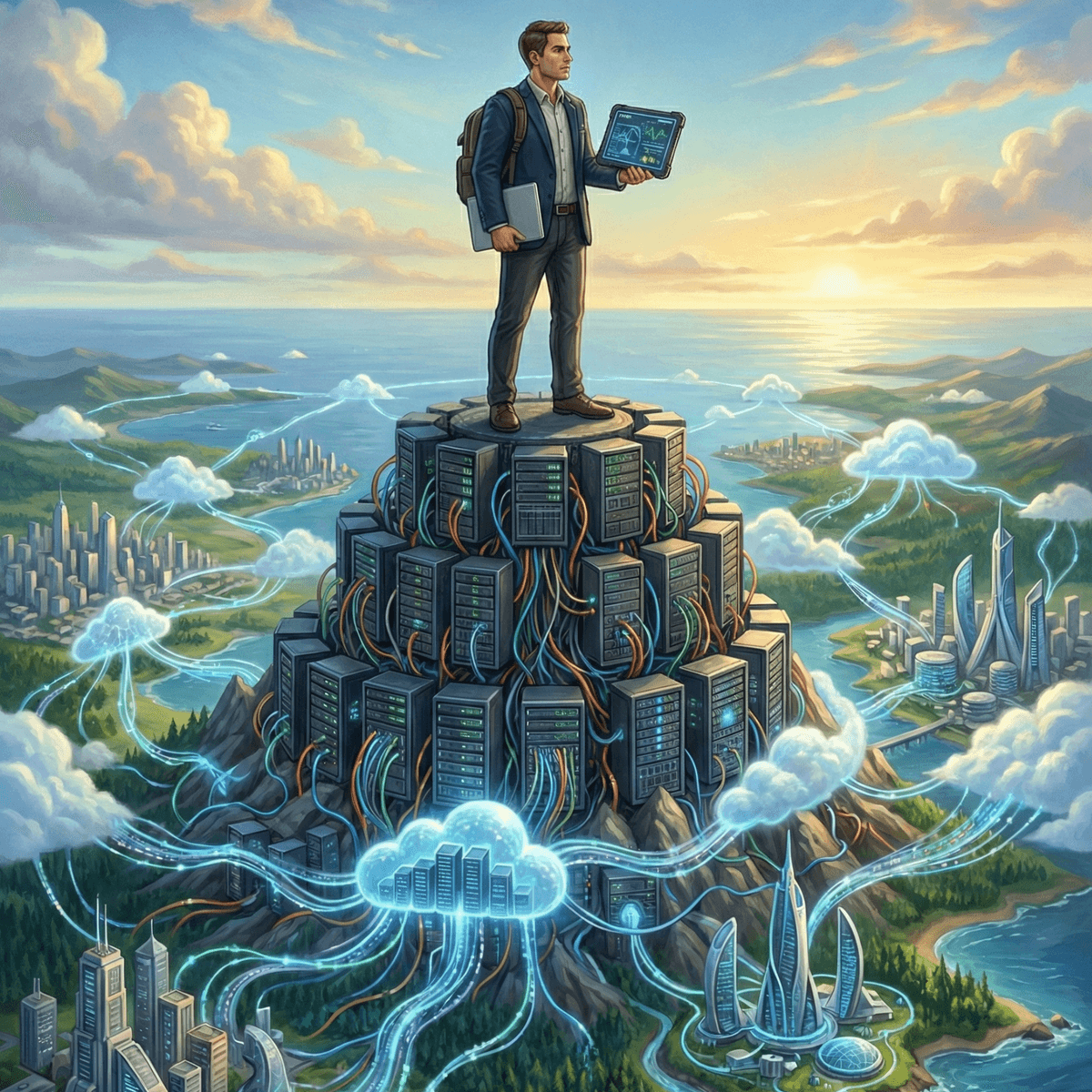 Illustration of an IT solutions architect managing cloud server infrastructure